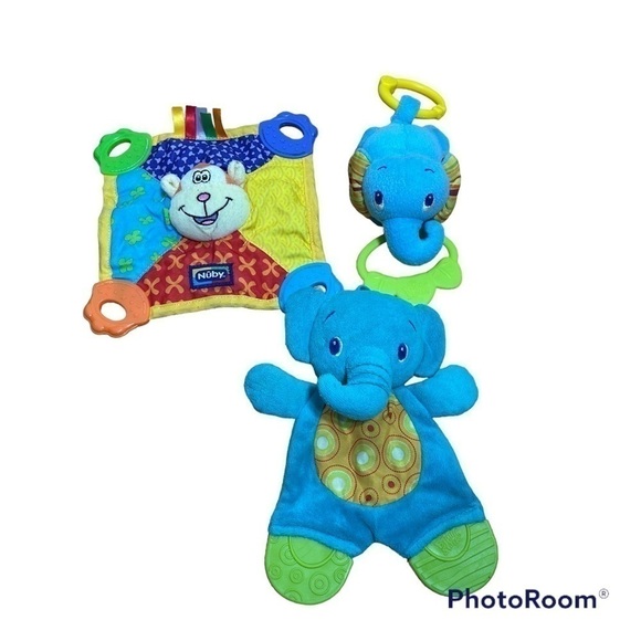 Bright Starts Baby Toy Bundle Blue Elephant Teether Nuby Monkey Blanket Chew - Picture 1 of 6